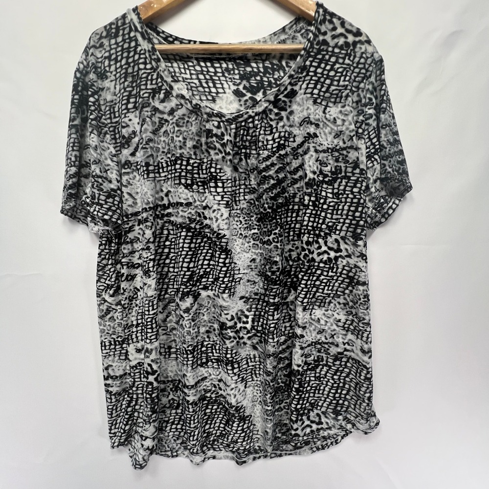 Black White Abstract Script Print Scoop Neck Short Sleeve Top Blouse